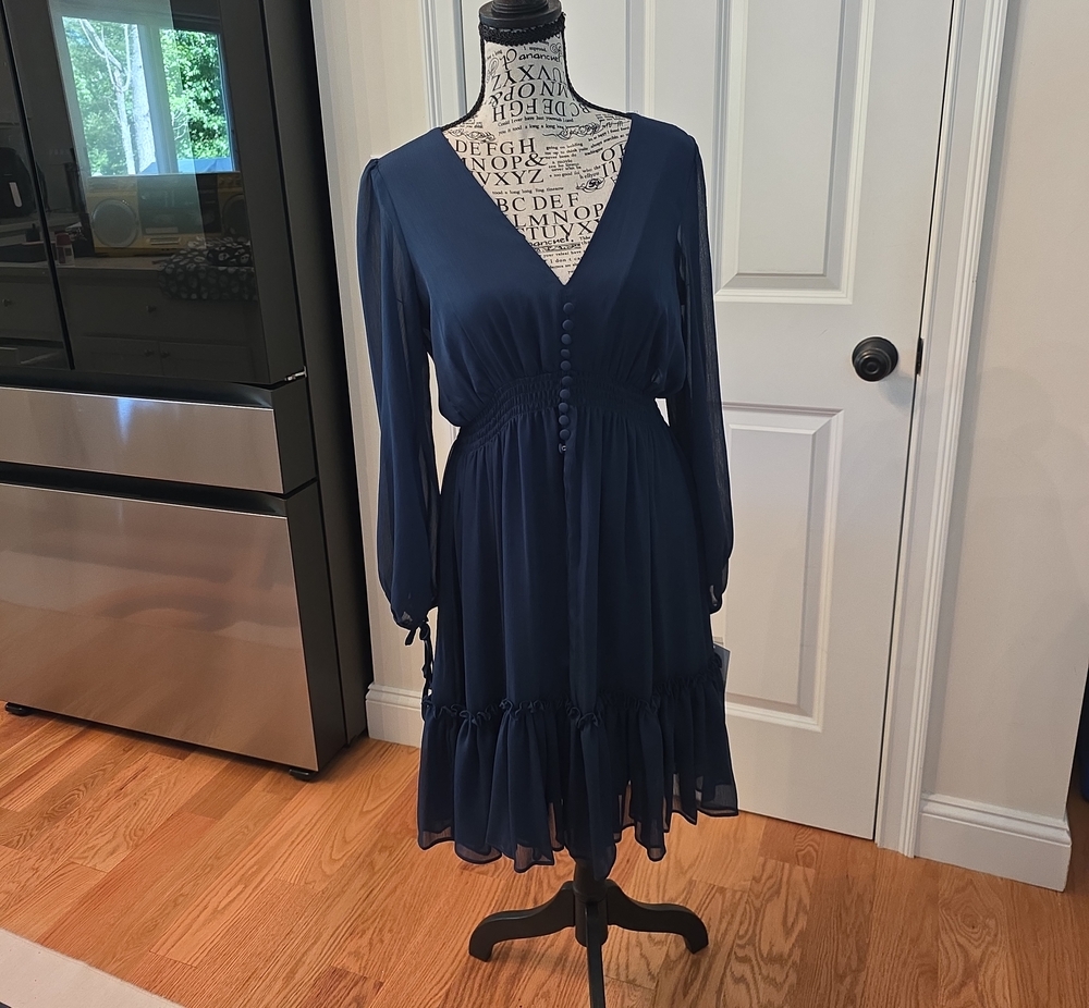Taylor Navy V-Neck Long Sleeve Midi Dress